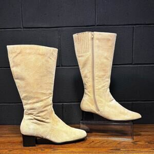 Vintage 90s White Stag Electra Beige Suede Square Toe Knee High Boots Womens 9.5